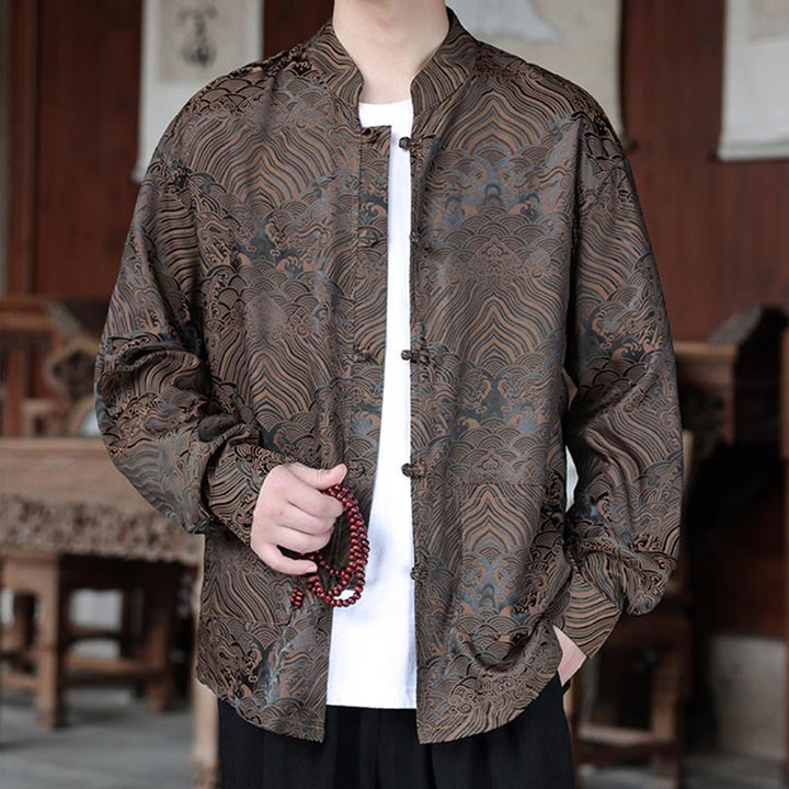 Buddha Stones Fall Flower Leaves Jacquard Frog-Button Long Sleeve Men's Jacket With Pockets - image 5