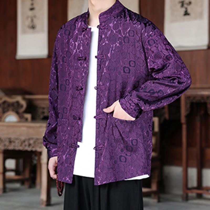 Buddha Stones Fall Flower Leaves Jacquard Frog-Button Long Sleeve Men's Jacket With Pockets - image 26