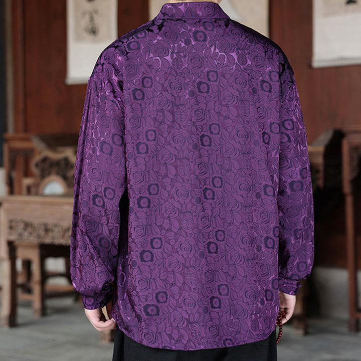 Buddha Stones Fall Flower Leaves Jacquard Frog-Button Long Sleeve Men's Jacket With Pockets - image 21