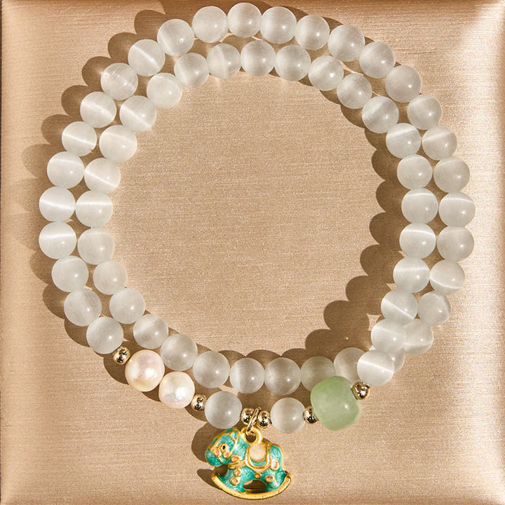 Buddha Stones Year Of The Horse Chrysoberyl Glass Bead Peace Love Double-layered Bracelet - Chrysoberyl(Wrist Circumference 14-17cm) - image 0