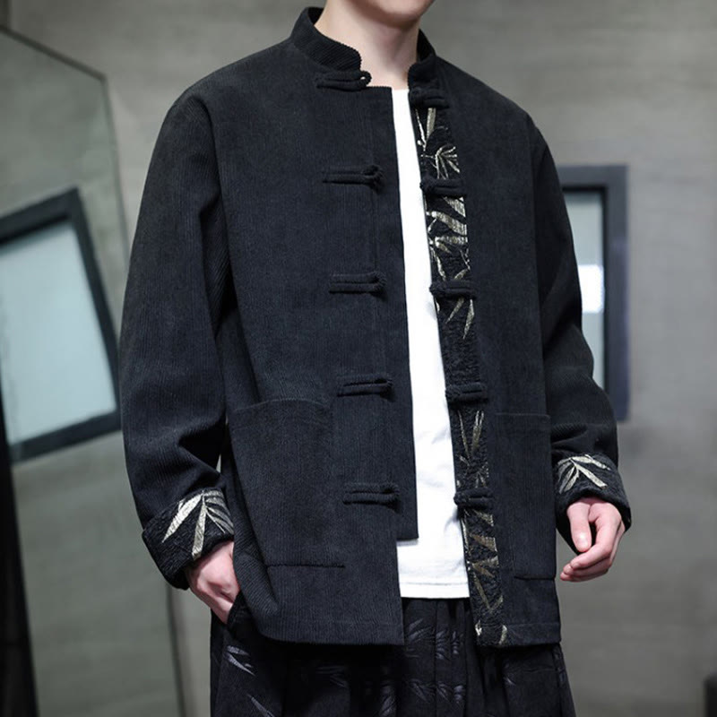 Buddha Stones Fall Bamboo Frog-Button Long Sleeve Men's Corduroy Cotton Jacket With Pockets - image 12