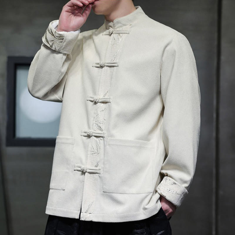Buddha Stones Fall Bamboo Frog-Button Long Sleeve Men's Corduroy Cotton Jacket With Pockets - image 18
