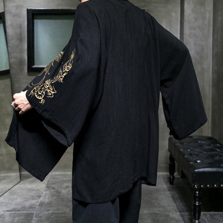 Buddha Stones Dragon Phoenix Open Front Long Sleeve Jacket Men's Cotton Kimono - image 4