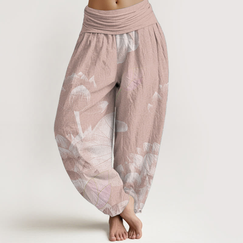 Buddha Stones Pink And White Lotus Women's Elastic Waist Harem Pants - DarkSalmon - US22，UK/AU26，EU54 (6XL) - image 0