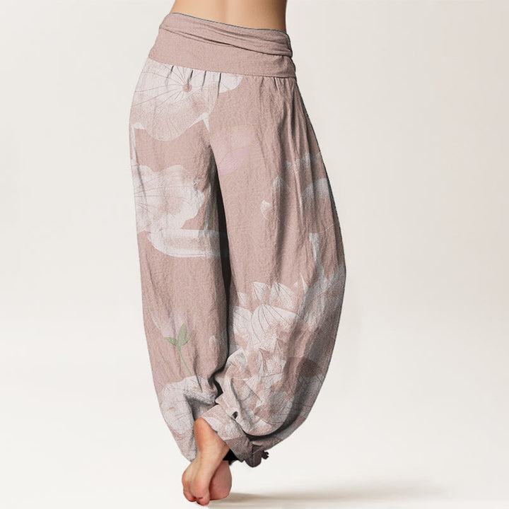 Buddha Stones Pink And White Lotus Women's Elastic Waist Harem Pants - image 1