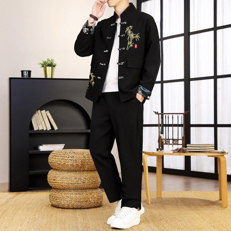 Buddha Stones 2Pcs Tang Suit Bamboo Frog-Button Men's Long Sleeve Shirt Pants Clothing Set - Black - US/UK/AU44，EU54 (4XL) - image 0