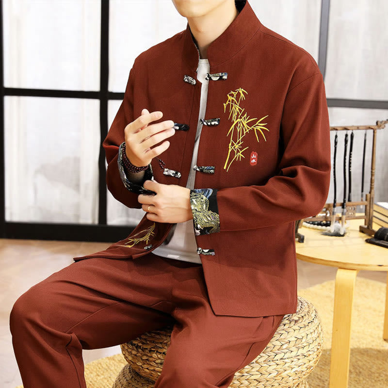 Buddha Stones 2Pcs Tang Suit Bamboo Frog-Button Men's Long Sleeve Shirt Pants Clothing Set - image 28