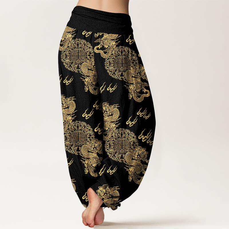 Buddha Stones Pure Cotton Double Dragon Cloud Pattern Women's Elastic Waist Harem Pants - image 1