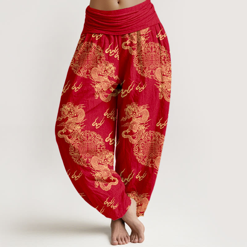 Buddha Stones Pure Cotton Double Dragon Cloud Pattern Women's Elastic Waist Harem Pants - FireBrick - US16，UK/AU20，EU48 (3XL) - image 8