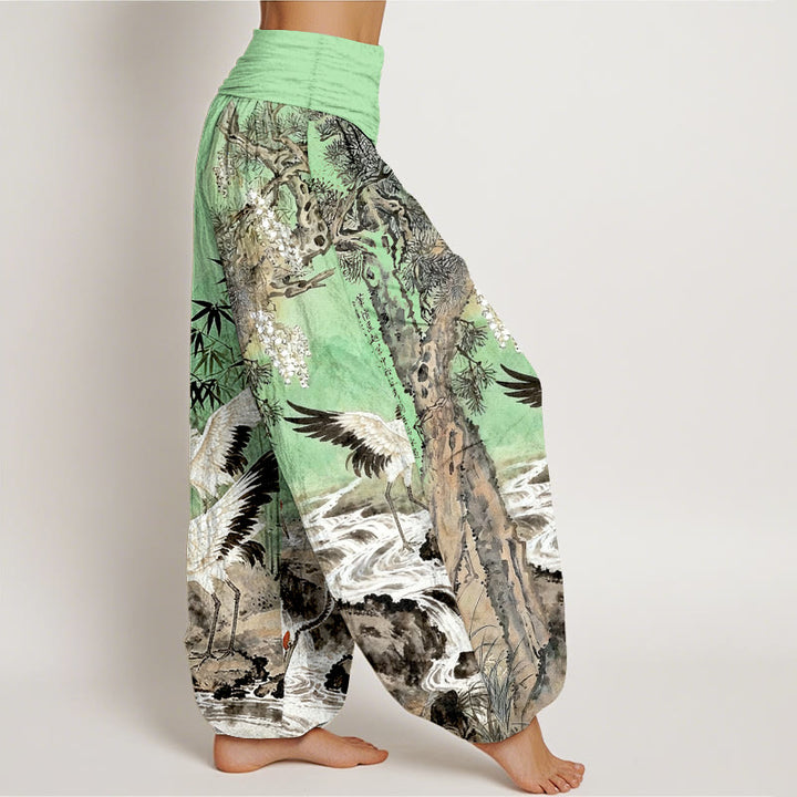 Buddha Stones Pure Cotton Red-crowned Crane Stream Pattern Women's Elastic Waist Harem Pants - image 7