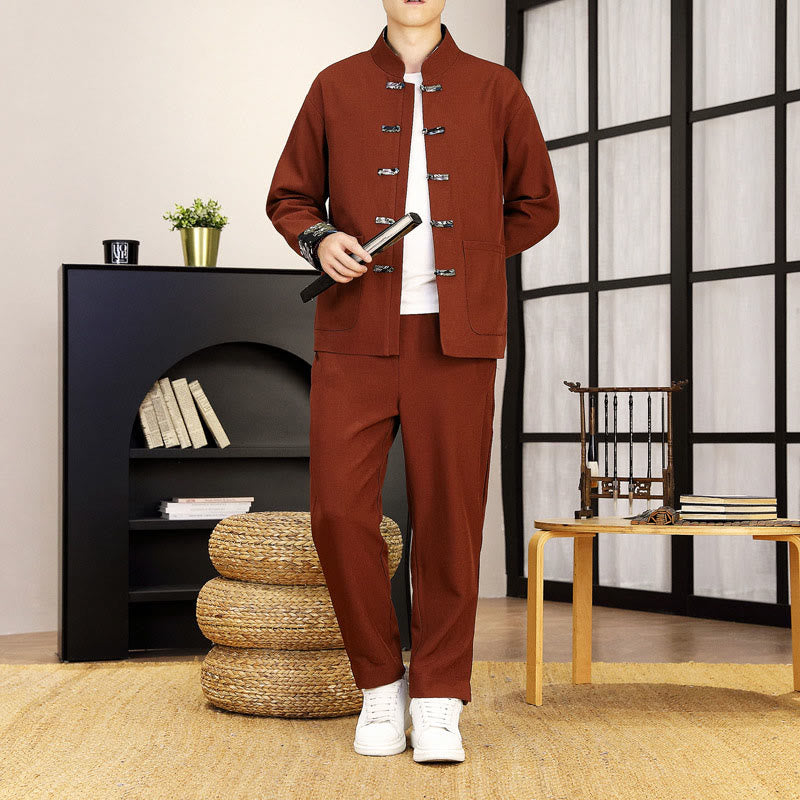 Buddha Stones 2Pcs Tang Suit Frog-Button Men's Waves Long Sleeve Shirt Pants Clothing Set - Maroon - US/UK/AU44，EU54 (4XL) - image 0