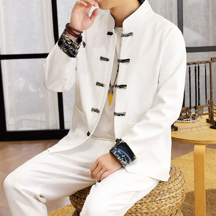 Buddha Stones 2Pcs Tang Suit Frog-Button Men's Waves Long Sleeve Shirt Pants Clothing Set - image 7