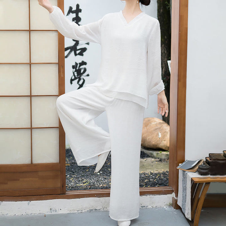 Buddha Stones 2Pcs White Long Sleeve V-Neck Shirt Wide Leg Pants Meditation Women's Set - image 2