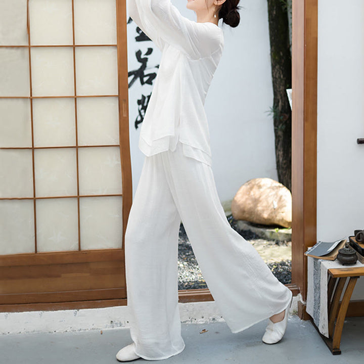 Buddha Stones 2Pcs White Long Sleeve V-Neck Shirt Wide Leg Pants Meditation Women's Set - image 3