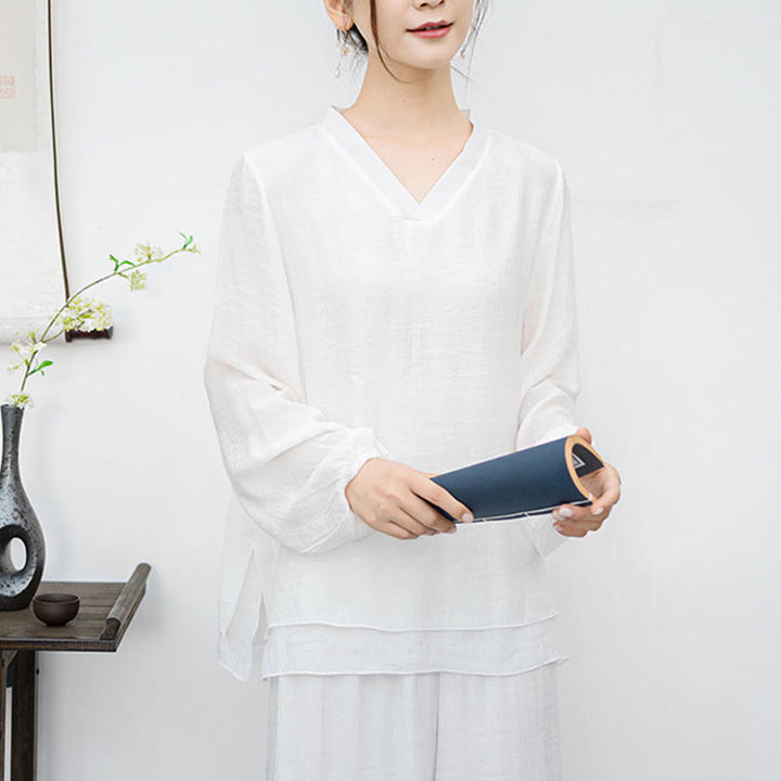 Buddha Stones 2Pcs White Long Sleeve V-Neck Shirt Wide Leg Pants Meditation Women's Set - image 7