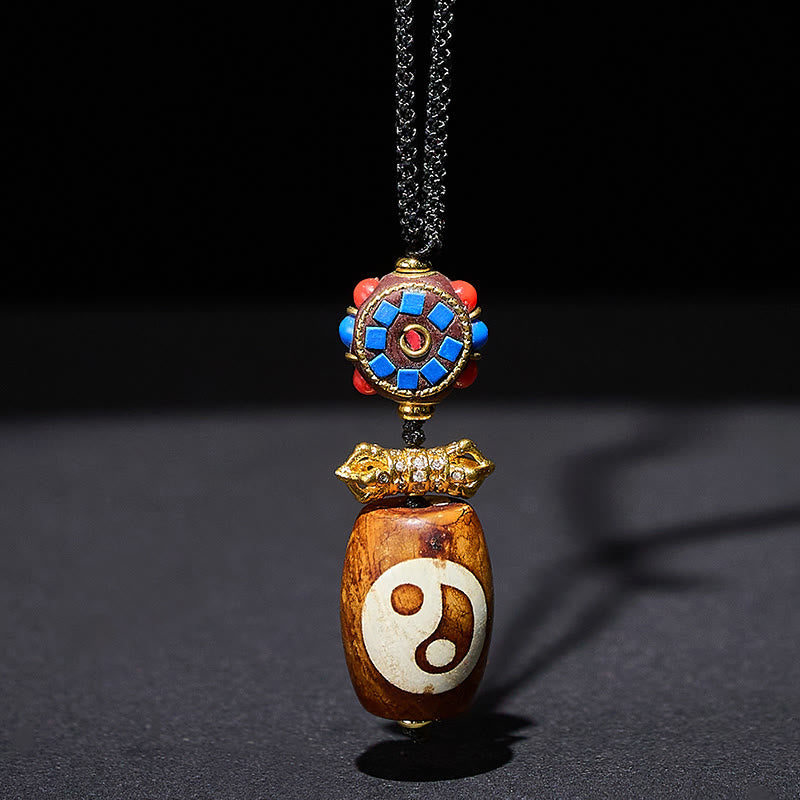 Buddha Stones Tibetan Yin Yang Bagua Design Nine-eye Dzi Agate Blessing Necklace Pendant - Agate - image 0