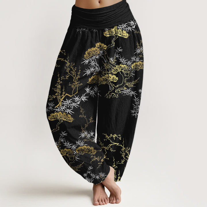 Buddha Stones Pure Cotton Pine Bamboo Plum Pattern Women's Elastic Waist Harem Pants - Black - US16，UK/AU20，EU48 (3XL) - image 0