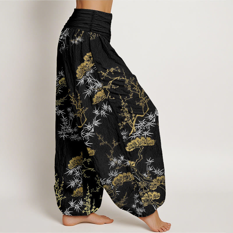 Buddha Stones Pure Cotton Pine Bamboo Plum Pattern Women's Elastic Waist Harem Pants - image 2