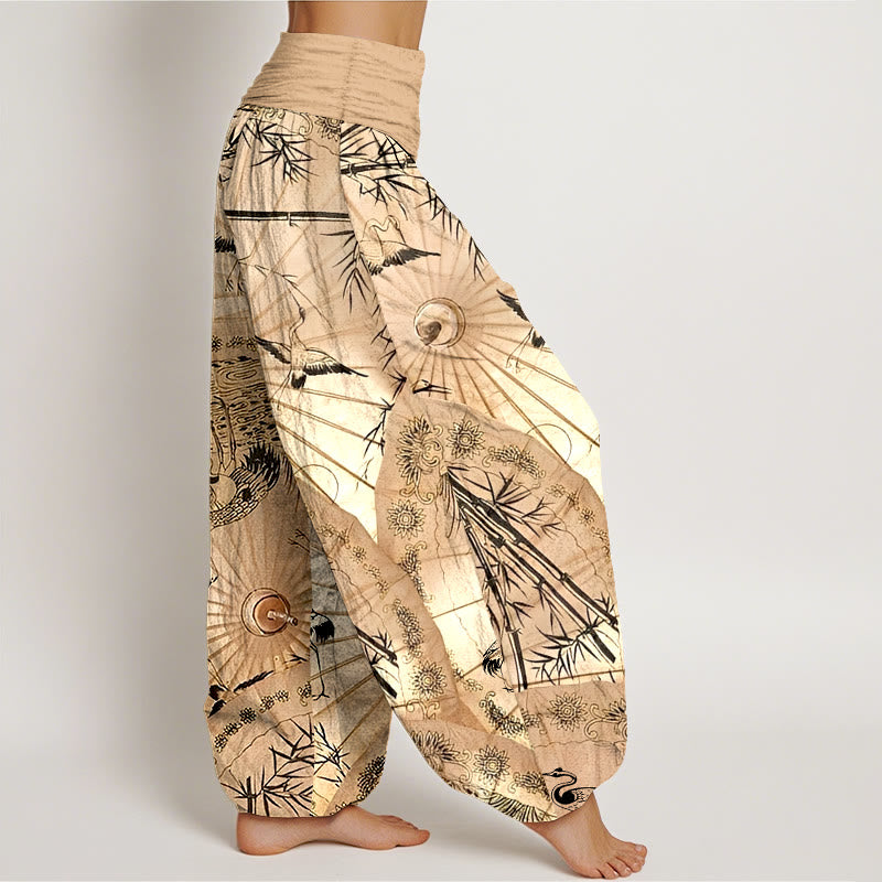 Buddha Stones Pure Cotton Umbrella Crane Bamboo Pattern Women's Elastic Waist Harem Pants - image 2