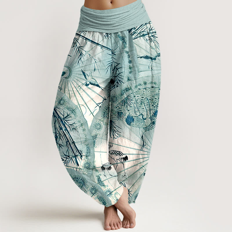 Buddha Stones Pure Cotton Umbrella Crane Bamboo Pattern Women's Elastic Waist Harem Pants - Turquoise - US16，UK/AU20，EU48 (3XL) - image 8