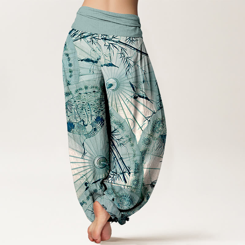 Buddha Stones Pure Cotton Umbrella Crane Bamboo Pattern Women's Elastic Waist Harem Pants - image 9