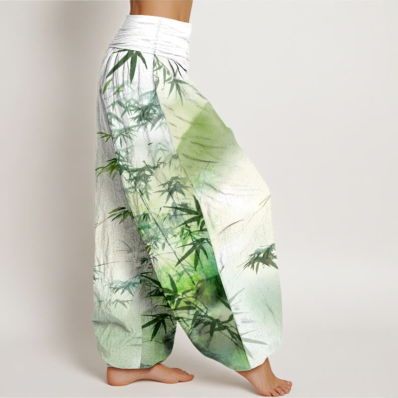 Buddha Stones Pure Cotton Bamboo Leaves Mountain Pattern Women's Elastic Waist Harem Pants - image 2