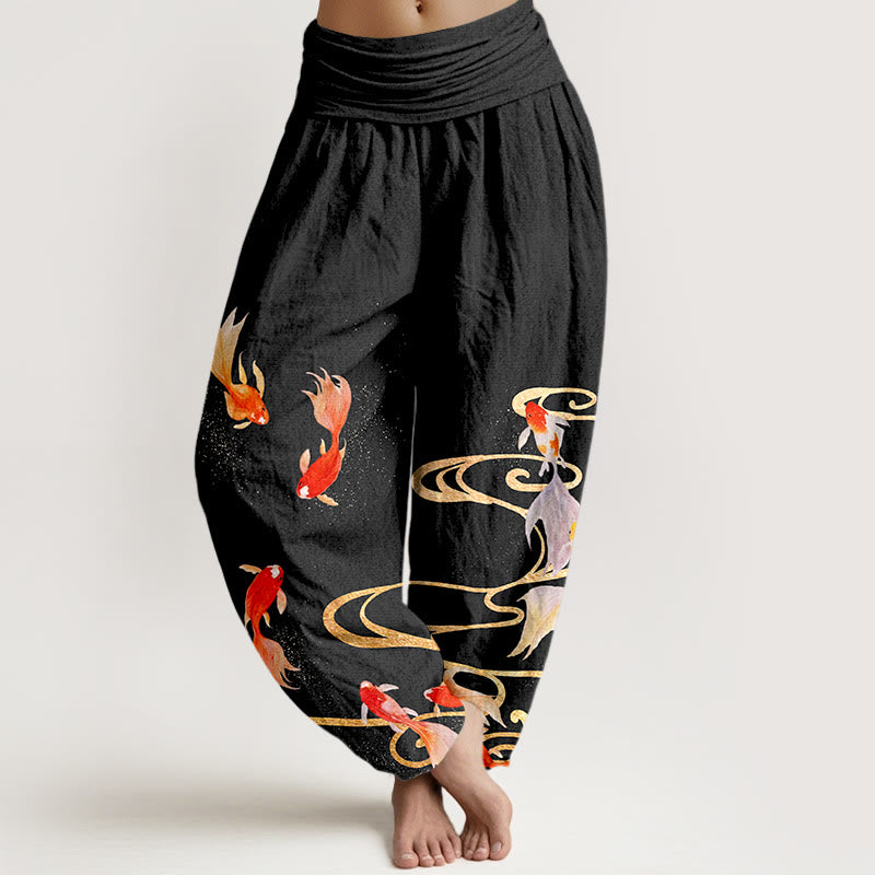 Buddha Stones Pure Cotton Koi Fish Koi Water Ripples Pattern Women's Elastic Waist Harem Pants - Black - US16，UK/AU20，EU48 (3XL) - image 0