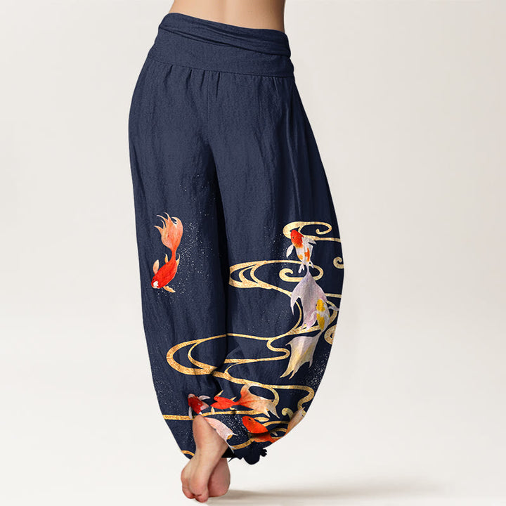 Buddha Stones Pure Cotton Koi Fish Koi Water Ripples Pattern Women's Elastic Waist Harem Pants - image 6