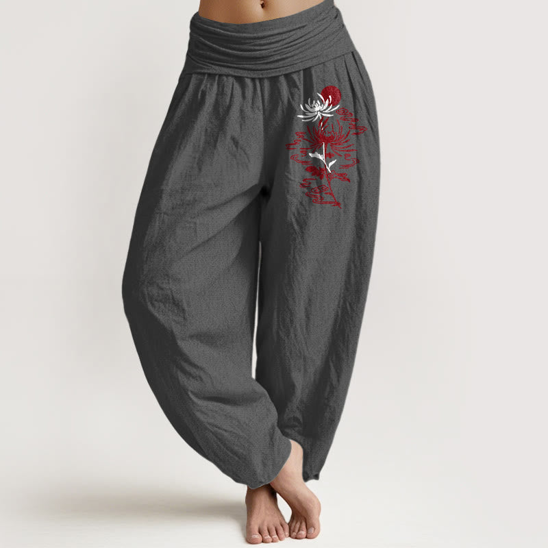 Buddha Stones Chrysanthemums Sun Pattern Women's Elastic Waist Harem Pure Cotton Pants - DimGray - US16，UK/AU20，EU48 (3XL) - image 11