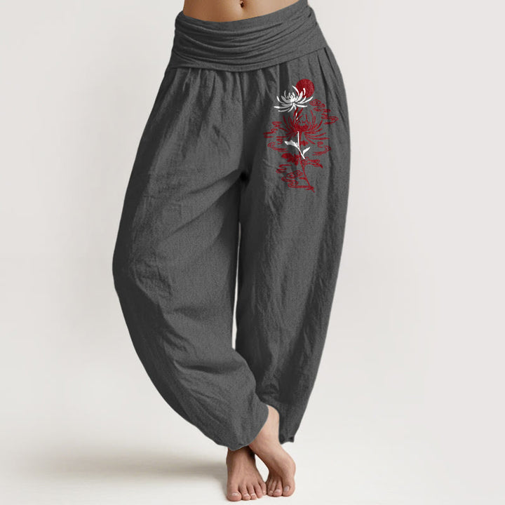 Buddha Stones Chrysanthemums Sun Pattern Women's Elastic Waist Harem Pure Cotton Pants - DimGray - US16，UK/AU20，EU48 (3XL) - image 11