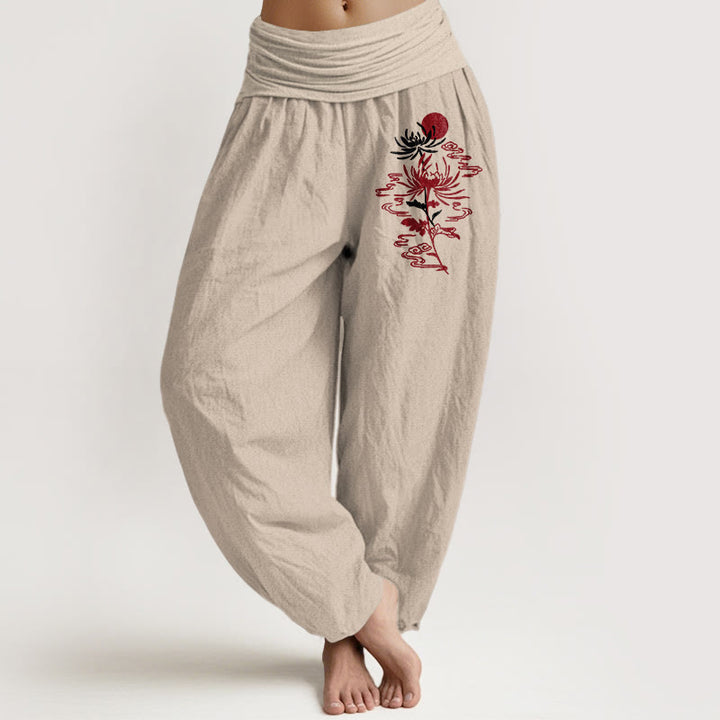 Buddha Stones Chrysanthemums Sun Pattern Women's Elastic Waist Harem Pure Cotton Pants - Tan - US16，UK/AU20，EU48 (3XL) - image 0