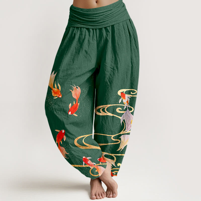 Buddha Stones Pure Cotton Koi Fish Koi Water Ripples Pattern Women's Elastic Waist Harem Pants - Green - US16，UK/AU20，EU48 (3XL) - image 8