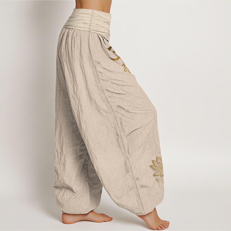 Buddha Stones Om Dhi Symbols Lotus Buddha's Hand Pattern Women's Elastic Waist Harem Cotton Pants - image 12