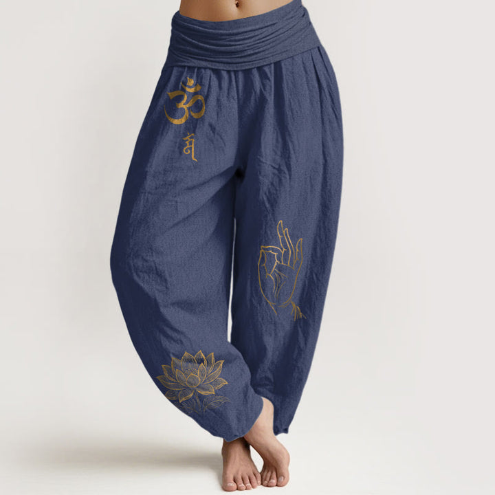 Buddha Stones Om Dhi Symbols Lotus Buddha's Hand Pattern Women's Elastic Waist Harem Cotton Pants - DarkSlateBlue - US16，UK/AU20，EU48 (3XL) - image 5