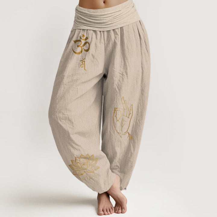 Buddha Stones Om Dhi Symbols Lotus Buddha's Hand Pattern Women's Elastic Waist Harem Cotton Pants - Tan - US16，UK/AU20，EU48 (3XL) - image 11