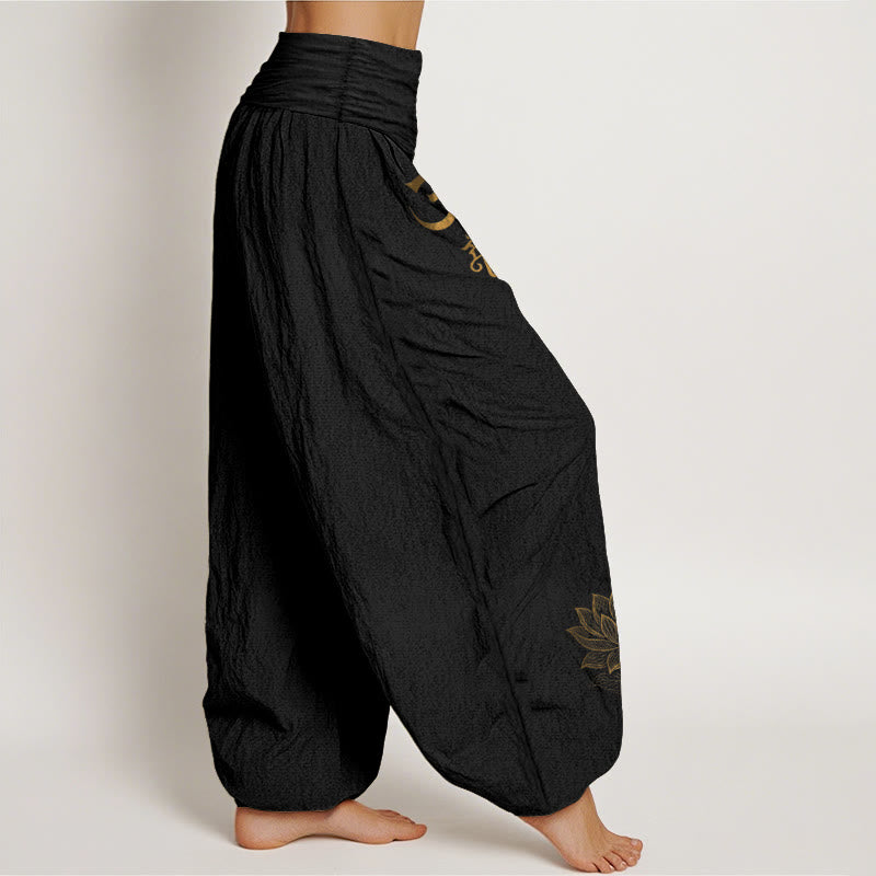 Buddha Stones Om Dhi Symbols Lotus Buddha's Hand Pattern Women's Elastic Waist Harem Cotton Pants - image 1