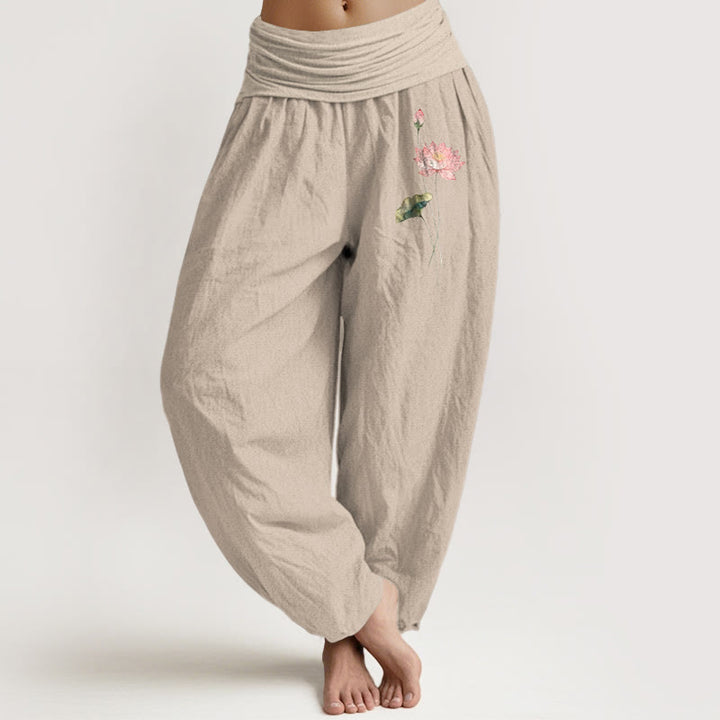 Buddha Stones Pink Lotus Flower Lotus Leaves Pattern Women's Elastic Waist Harem Pure Cotton Pants - Tan - US16，UK/AU20，EU48 (3XL) - image 11