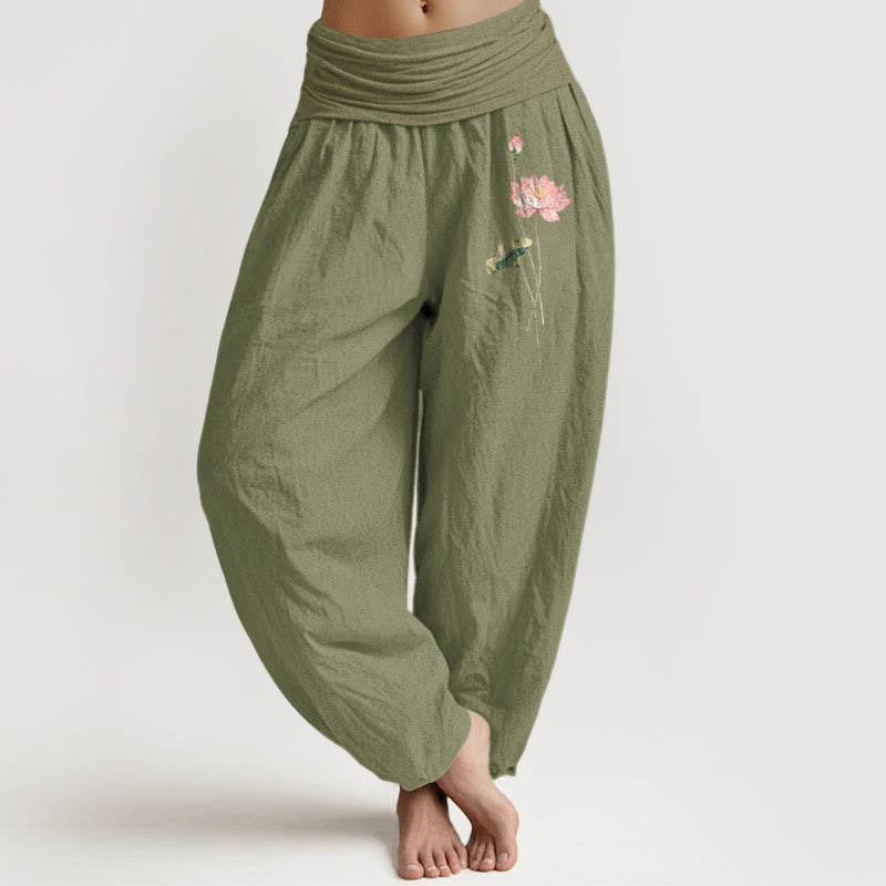 Buddha Stones Pink Lotus Flower Lotus Leaves Pattern Women's Elastic Waist Harem Pure Cotton Pants - OliveDrab - US16，UK/AU20，EU48 (3XL) - image 14