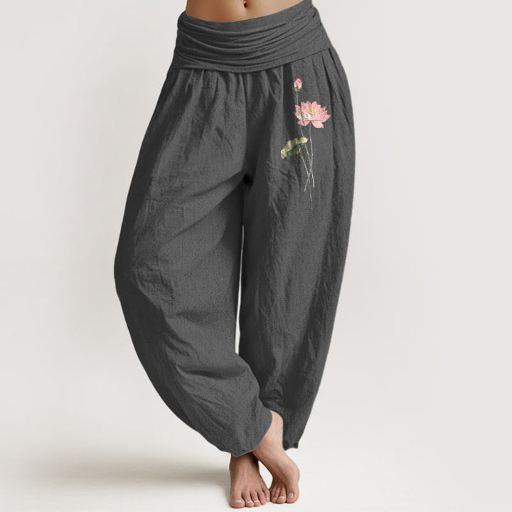 Buddha Stones Pink Lotus Flower Lotus Leaves Pattern Women's Elastic Waist Harem Pure Cotton Pants - DimGray - US16，UK/AU20，EU48 (3XL) - image 0