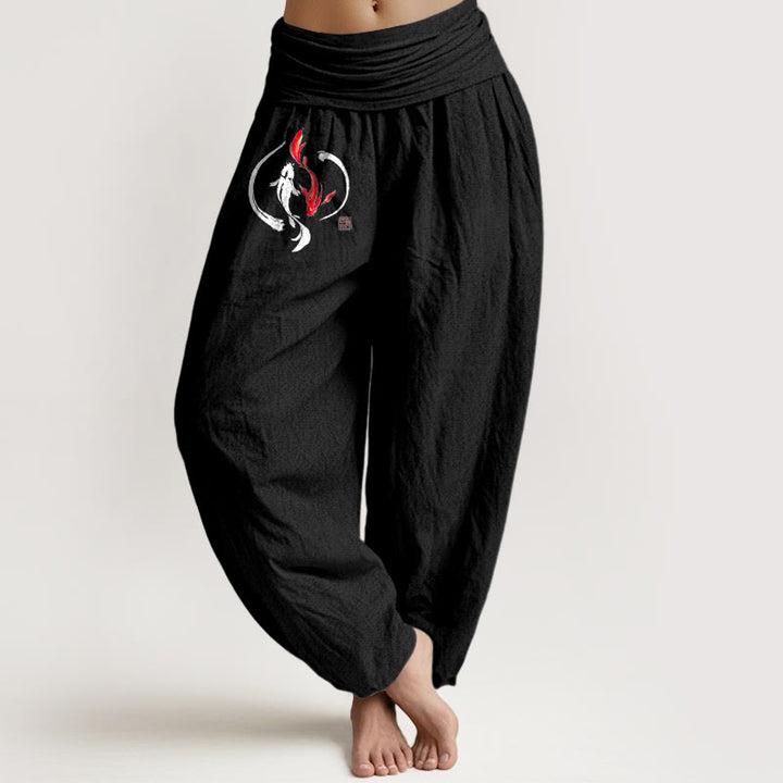 Buddha Stones Yin Yang Koi Fish Design Women's Elastic Waist Harem Pure Cotton Pants - Black - US16，UK/AU20，EU48 (3XL) - image 5