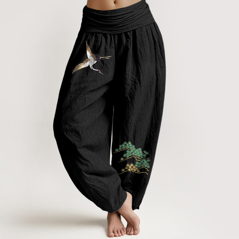 Buddha Stones Women's Pure Cotton Crane Pine Tree Pattern Elastic Waist Harem Pants - Black - US16，UK/AU20，EU48 (3XL) - image 5