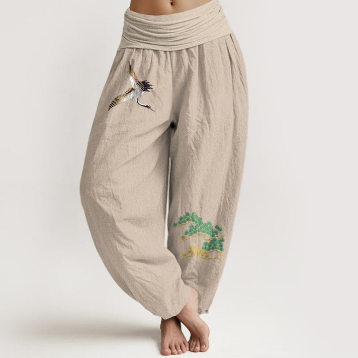 Buddha Stones Women's Pure Cotton Crane Pine Tree Pattern Elastic Waist Harem Pants - Tan - US16，UK/AU20，EU48 (3XL) - image 11