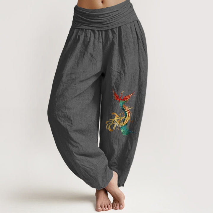 Buddha Stones Women's Pure Cotton Colored Phoenix Pattern Elastic Waist Harem Pants - DimGray - US16，UK/AU20，EU48 (3XL) - image 8