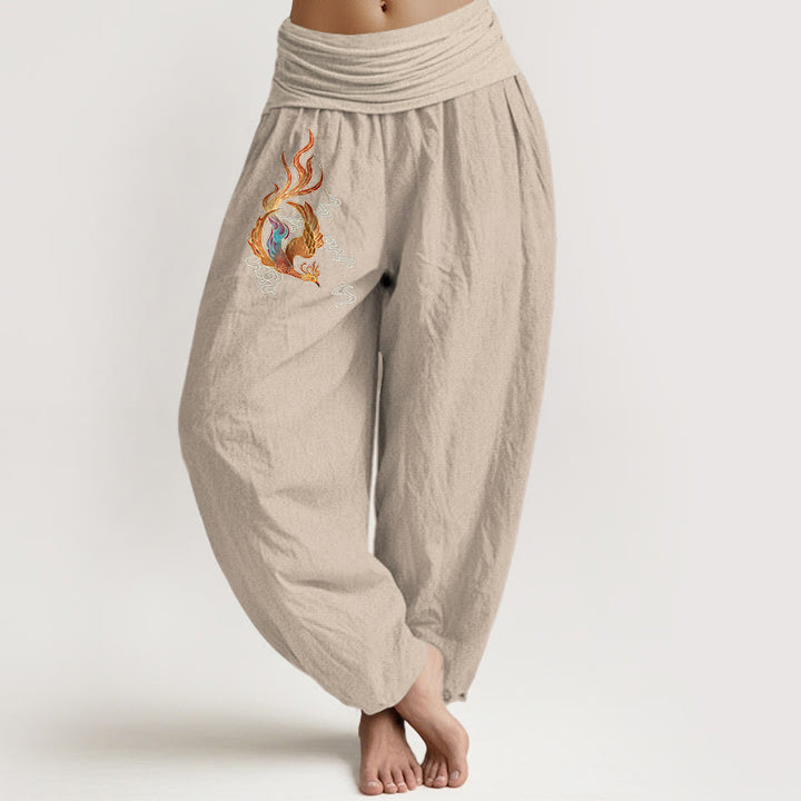 Buddha Stones Women's Pure Cotton Phoenix Auspicious Cloud Pattern Elastic Waist Harem Pants - Tan - US16，UK/AU20，EU48 (3XL) - image 11