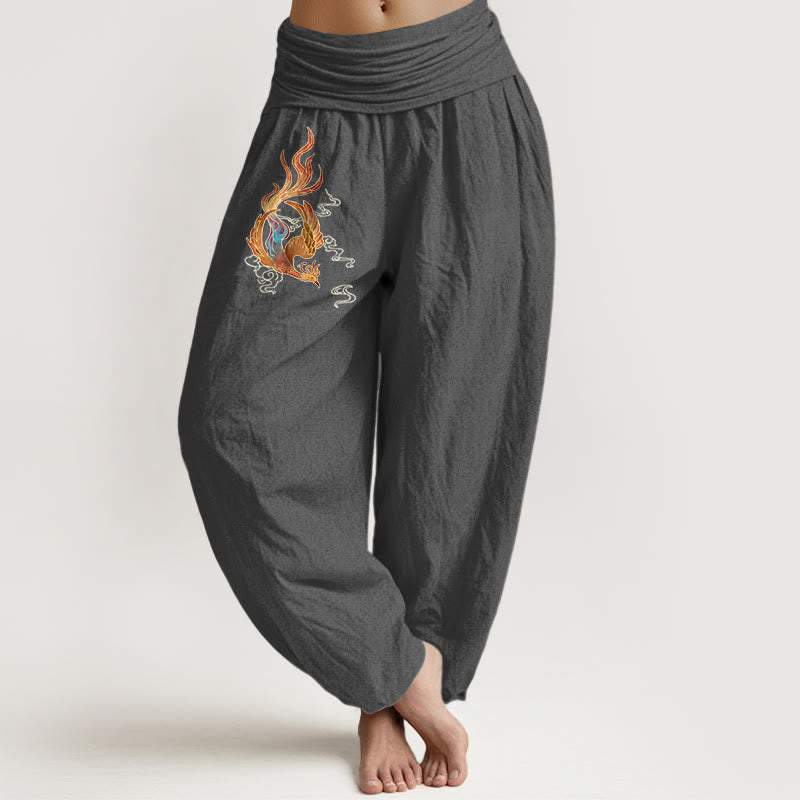 Buddha Stones Women's Pure Cotton Phoenix Auspicious Cloud Pattern Elastic Waist Harem Pants - DimGray - US16，UK/AU20，EU48 (3XL) - image 8