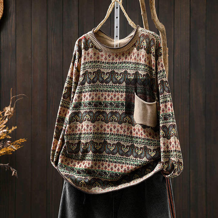 Buddha Stones Fall Plant Floral Pattern Crew Neck Long Sleeve Women's Cotton Sweater With Pocket - AntiqueWhite - US4-6，UK/AU8-10，EU36-38 (F) - image 0