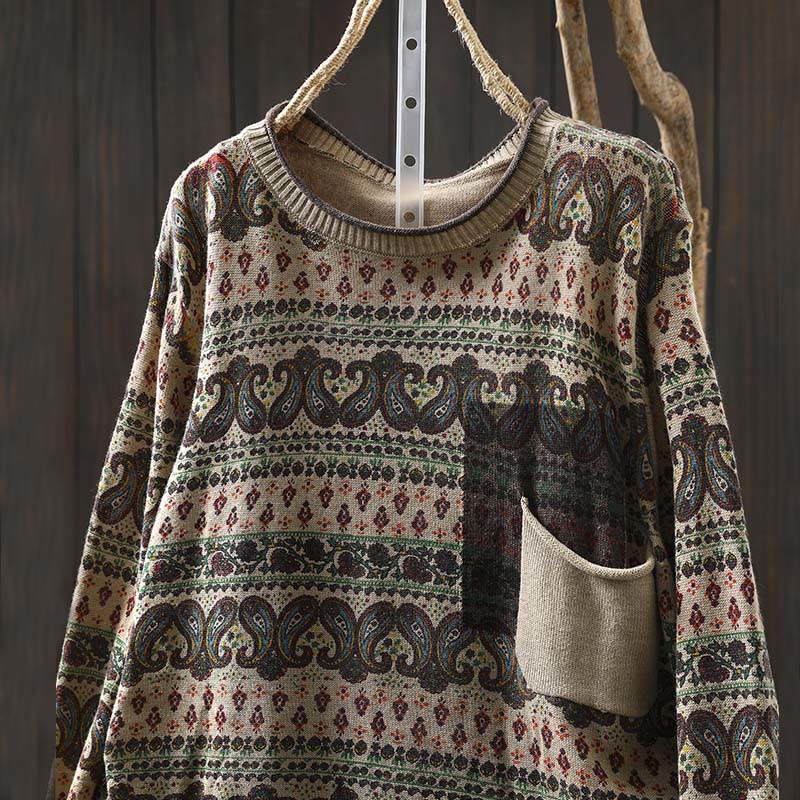 Buddha Stones Fall Plant Floral Pattern Crew Neck Long Sleeve Women's Cotton Sweater With Pocket - image 1