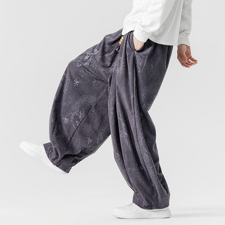 Buddha Stones Winter Dragon Phoenix Pattern Cotton Corduroy Men's Harem Pants With Pockets - image 30