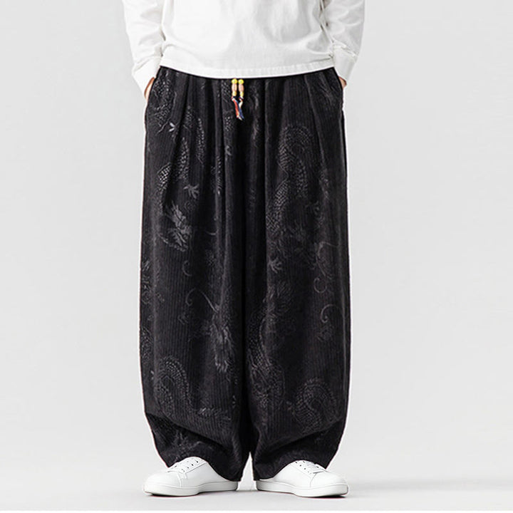 Buddha Stones Winter Dragon Phoenix Pattern Cotton Corduroy Men's Harem Pants With Pockets - Black - US/UK/AU46，EU56 (5XL) - image 31