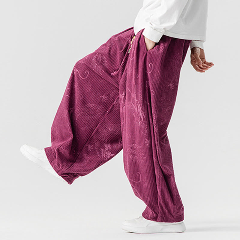 Buddha Stones Winter Dragon Phoenix Pattern Cotton Corduroy Men's Harem Pants With Pockets - image 15